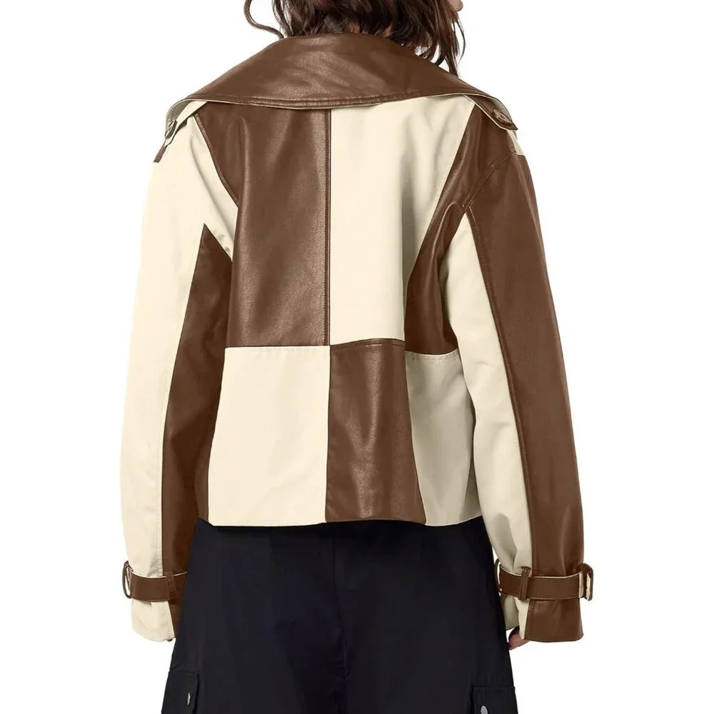 Womens Faux Leather Bomber Jacket with Bow Brown Stylish Fall Outerwear Coat - Picture 5 of 6